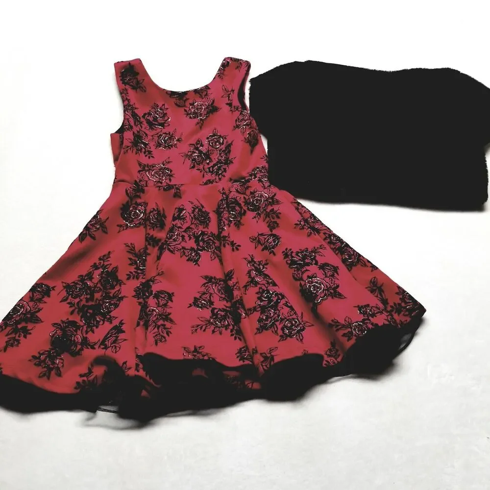 Knit Works Girls 12 Dress Formal Black Red Floral Faux Fur Jacket Holiday